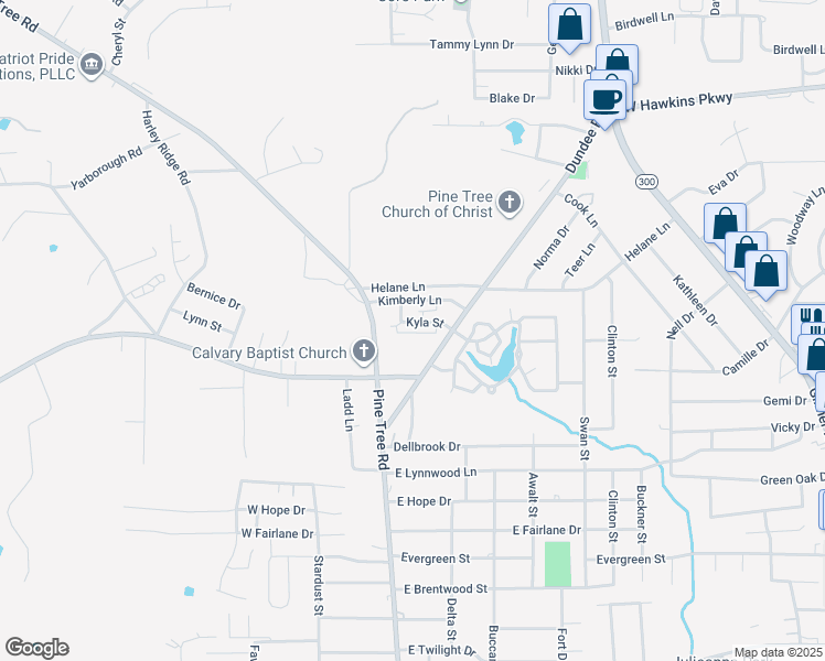 map of restaurants, bars, coffee shops, grocery stores, and more near 202 Kyla Street in Longview