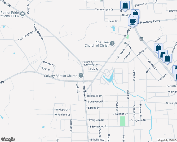 map of restaurants, bars, coffee shops, grocery stores, and more near 202 Kyla Street in Longview