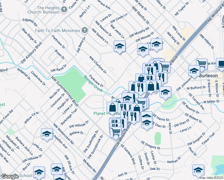 map of restaurants, bars, coffee shops, grocery stores, and more near 433 Southwest Thomas Street in Burleson