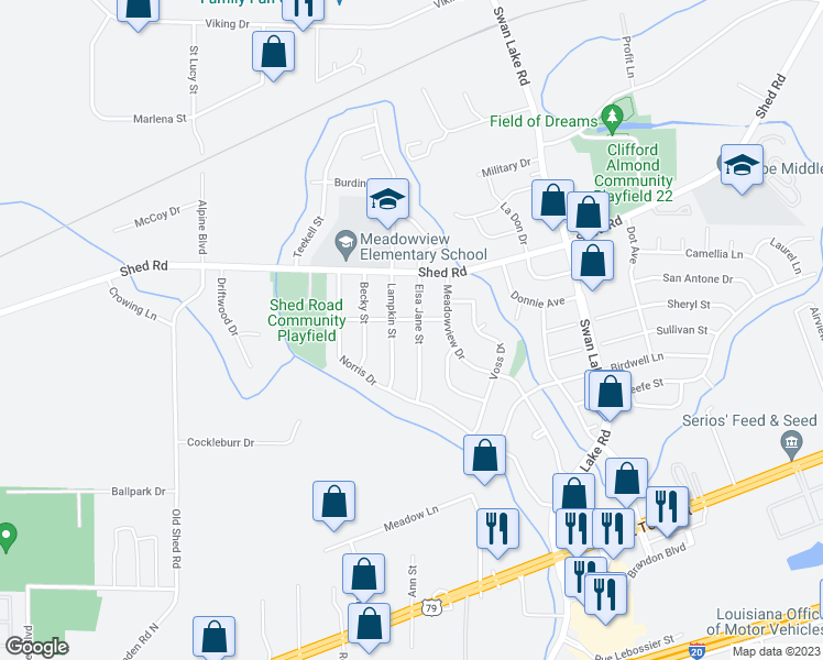 map of restaurants, bars, coffee shops, grocery stores, and more near 1227 Elsa Jane Street in Bossier City