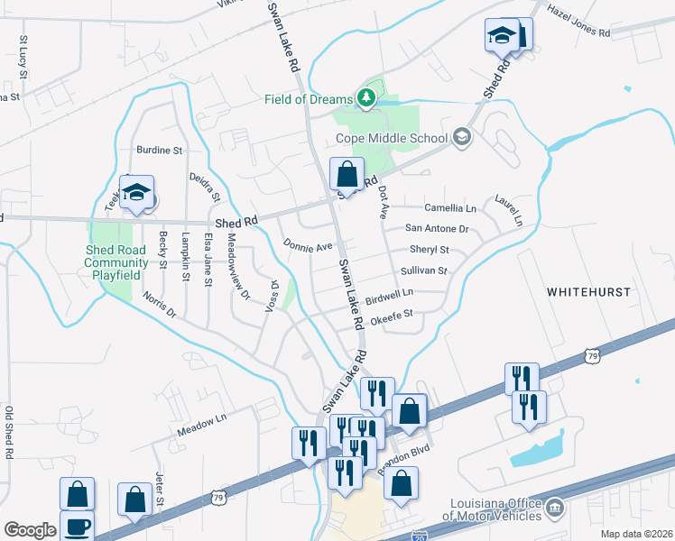 map of restaurants, bars, coffee shops, grocery stores, and more near 4700 Sheryl Street in Bossier City