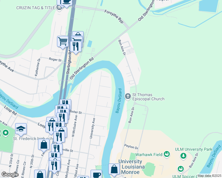 map of restaurants, bars, coffee shops, grocery stores, and more near 3712 Rapides Street in Monroe