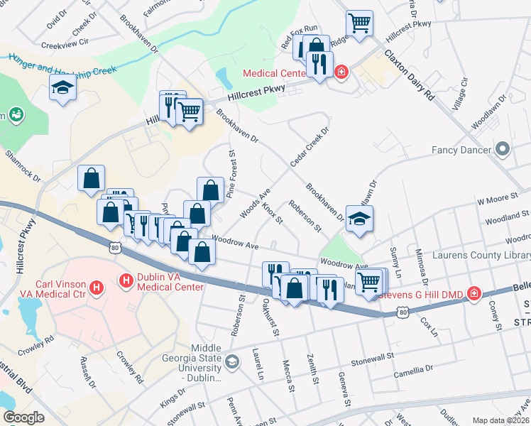 map of restaurants, bars, coffee shops, grocery stores, and more near 415 Woods Avenue in Dublin