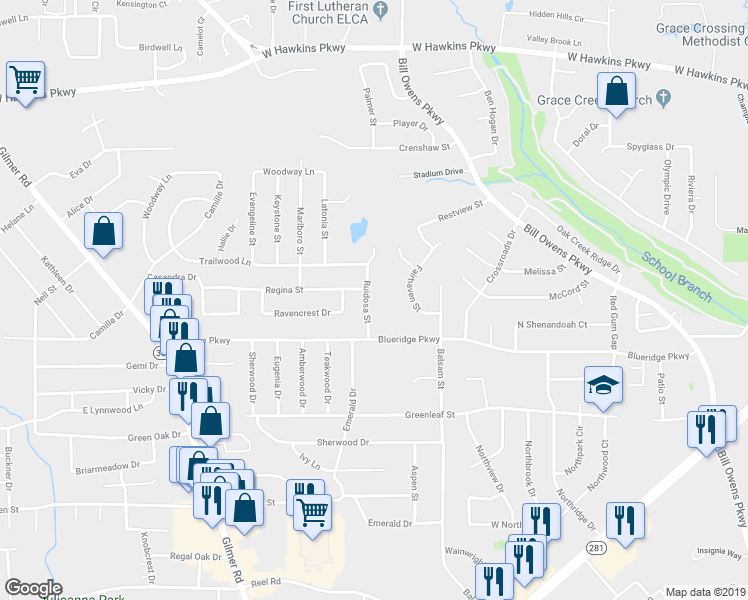 map of restaurants, bars, coffee shops, grocery stores, and more near 2910 Ruidosa Street in Longview