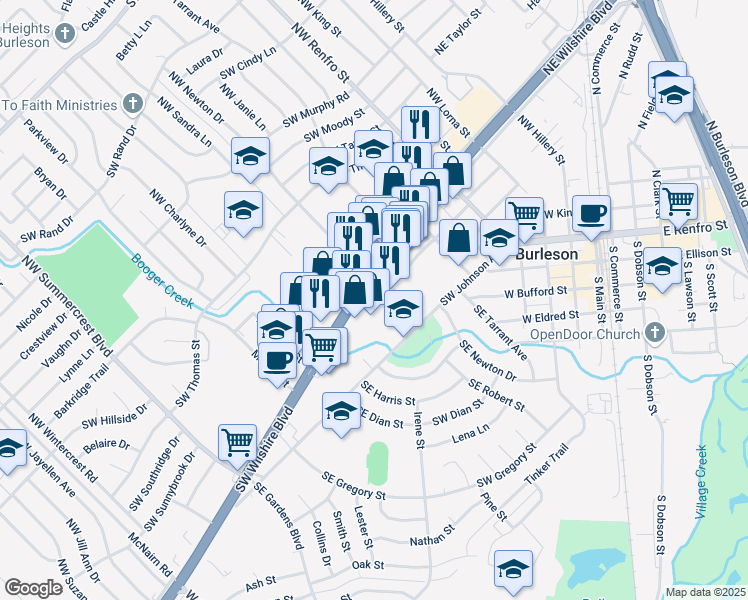 map of restaurants, bars, coffee shops, grocery stores, and more near 301 Southwest Wilshire Boulevard in Burleson