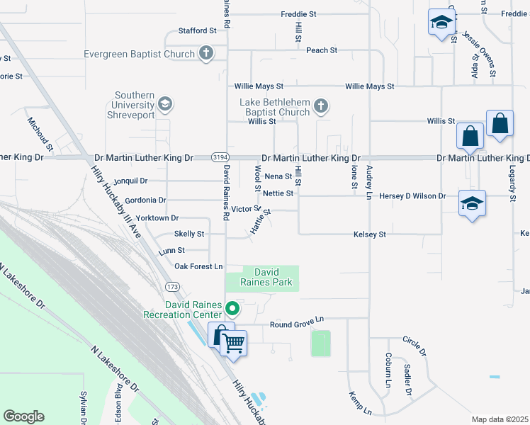 map of restaurants, bars, coffee shops, grocery stores, and more near 2962 Hattie Street in Shreveport