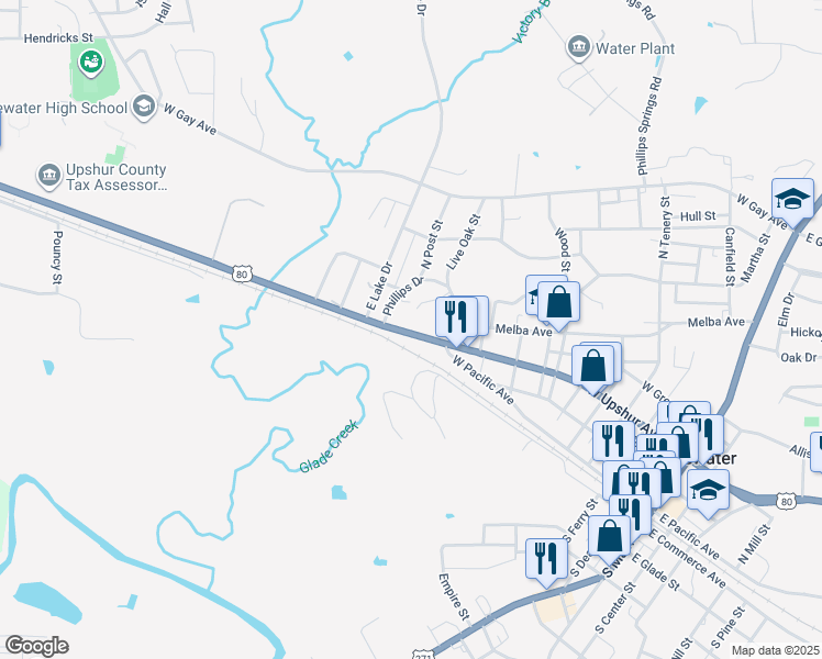 map of restaurants, bars, coffee shops, grocery stores, and more near 1324 West Upshur Avenue in Gladewater