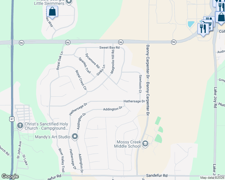 map of restaurants, bars, coffee shops, grocery stores, and more near 105 Magnolia Crest Drive in Kathleen