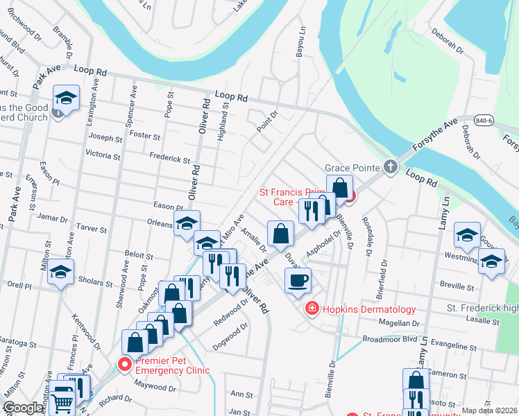 map of restaurants, bars, coffee shops, grocery stores, and more near 2322 Debastrop Drive in Monroe