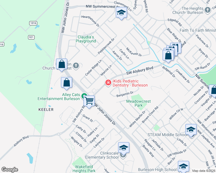 map of restaurants, bars, coffee shops, grocery stores, and more near 1009 Southwest Alsbury Boulevard in Burleson