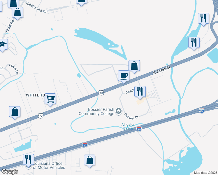 map of restaurants, bars, coffee shops, grocery stores, and more near 6219 East Texas Street in Bossier City
