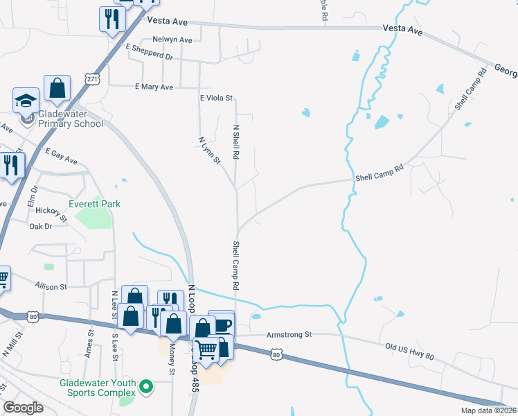 map of restaurants, bars, coffee shops, grocery stores, and more near 1613 Shell Camp Road in Gladewater