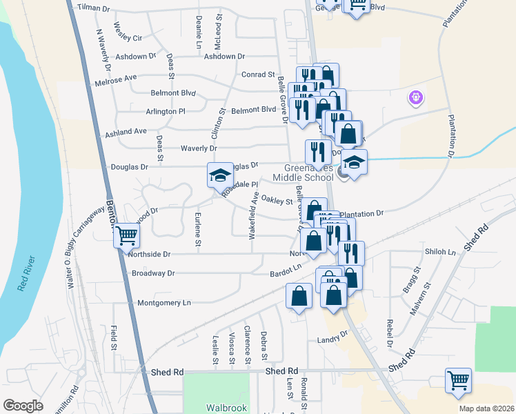 map of restaurants, bars, coffee shops, grocery stores, and more near 2602 Oakley Street in Bossier City