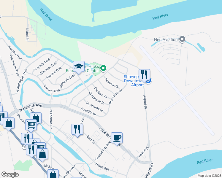 map of restaurants, bars, coffee shops, grocery stores, and more near 1121 Fenwick Drive in Shreveport