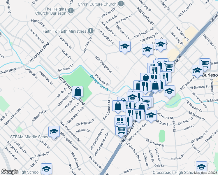 map of restaurants, bars, coffee shops, grocery stores, and more near 409 Parkview Drive in Burleson