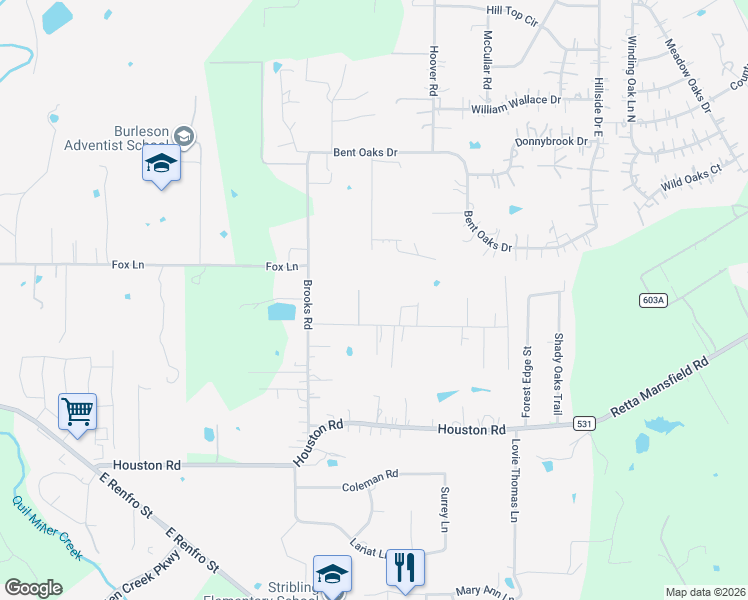 map of restaurants, bars, coffee shops, grocery stores, and more near 2525 Timber Road in Burleson