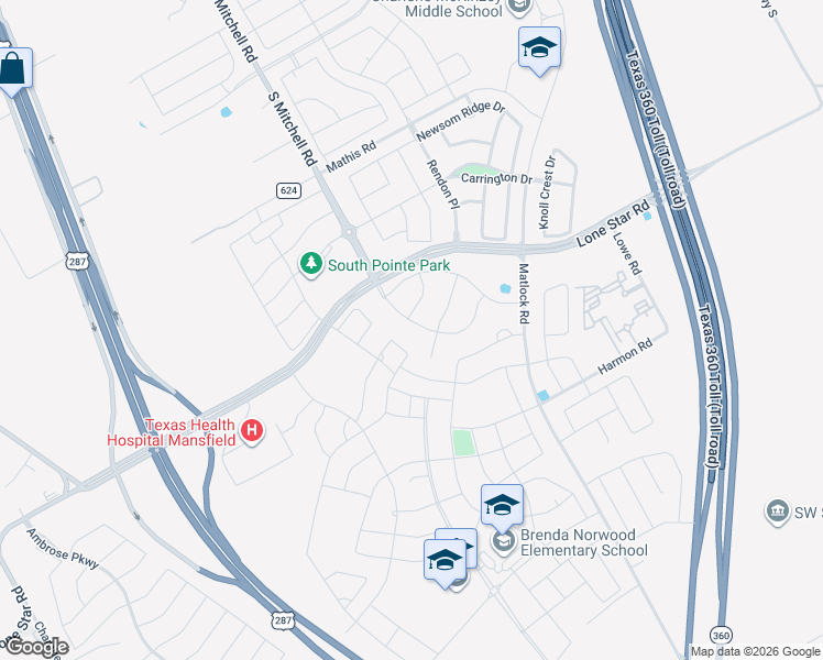 map of restaurants, bars, coffee shops, grocery stores, and more near 1503 South Mitchell Road in Mansfield
