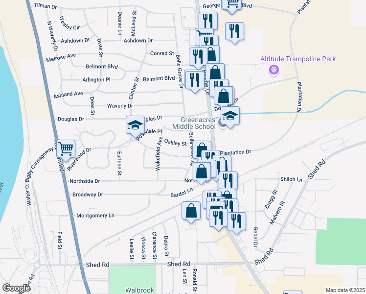 map of restaurants, bars, coffee shops, grocery stores, and more near 2616 Oakley Street in Bossier City