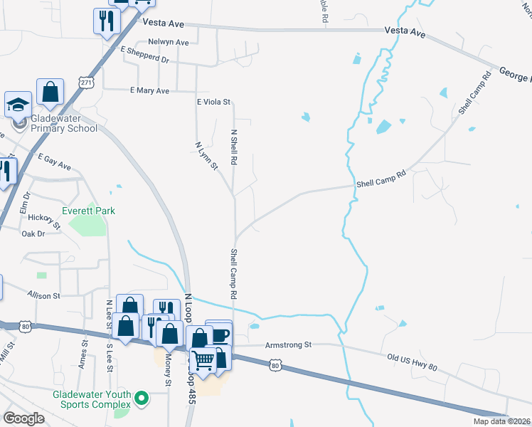 map of restaurants, bars, coffee shops, grocery stores, and more near 1613 Shell Camp Road in Gladewater