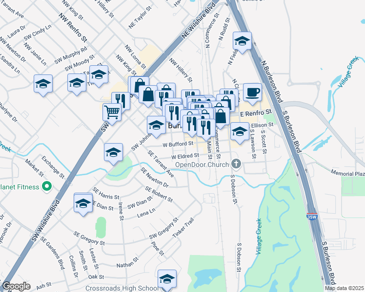 map of restaurants, bars, coffee shops, grocery stores, and more near 197 West Bufford Street in Burleson