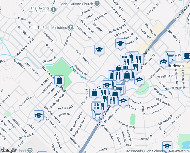 map of restaurants, bars, coffee shops, grocery stores, and more near 433 Southwest Thomas Street in Burleson