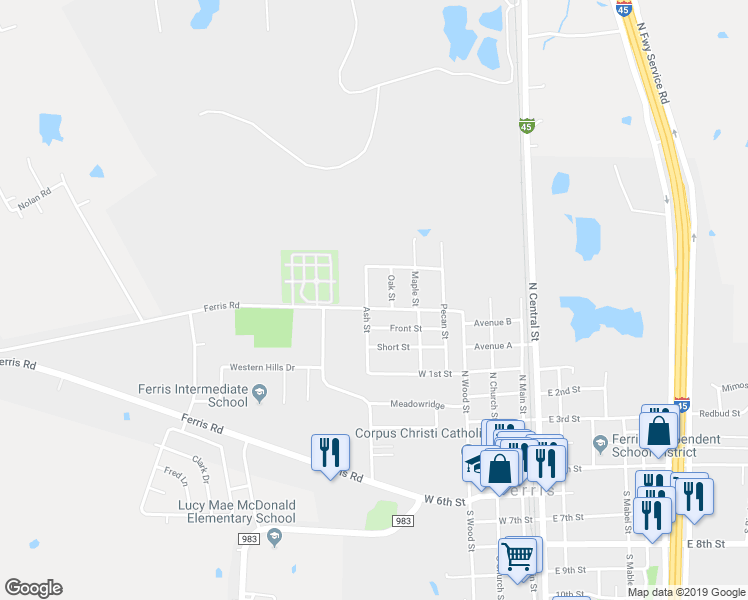 map of restaurants, bars, coffee shops, grocery stores, and more near 715 Ferris Road in Ferris