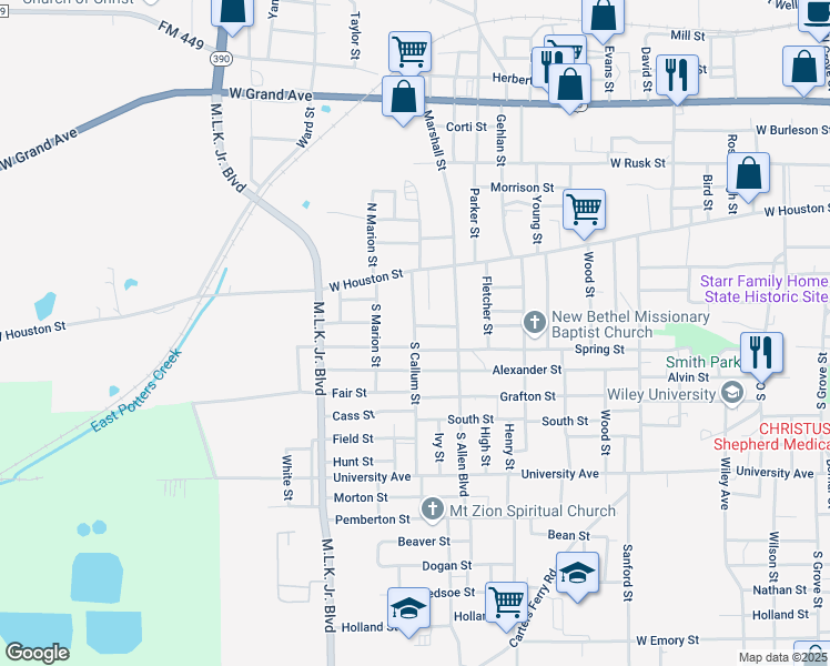 map of restaurants, bars, coffee shops, grocery stores, and more near 401 South Callum Street in Marshall