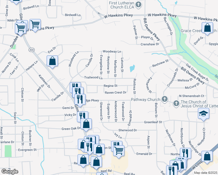 map of restaurants, bars, coffee shops, grocery stores, and more near 1204 Regina Street in Longview