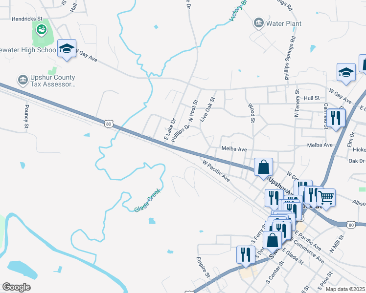 map of restaurants, bars, coffee shops, grocery stores, and more near 1324 W Upshur Ave in Gladewater
