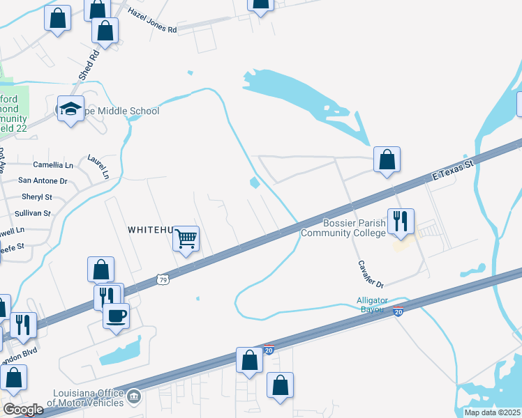 map of restaurants, bars, coffee shops, grocery stores, and more near 5901 East Texas Street in Bossier City