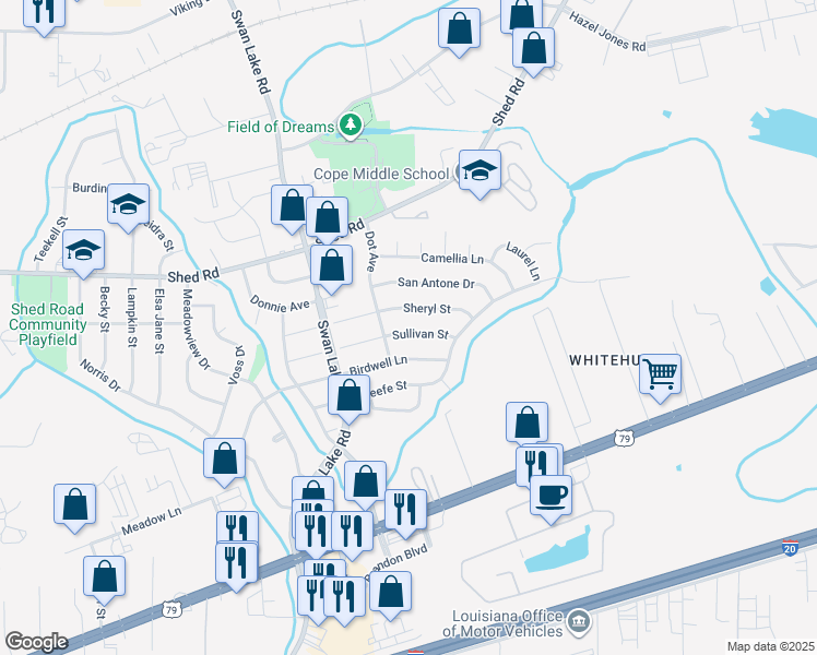 map of restaurants, bars, coffee shops, grocery stores, and more near in Bossier City