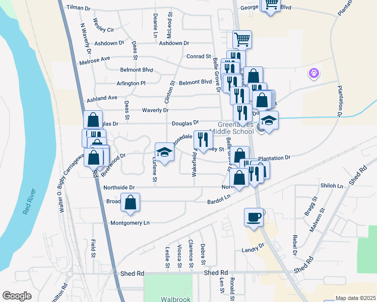 map of restaurants, bars, coffee shops, grocery stores, and more near 2509 Plantation Drive in Bossier City