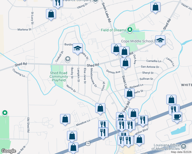 map of restaurants, bars, coffee shops, grocery stores, and more near 4627 Voss Dr in Bossier City