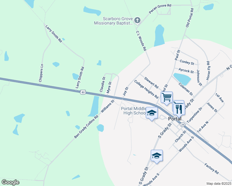 map of restaurants, bars, coffee shops, grocery stores, and more near 104 Roundtree Street in Portal