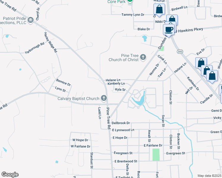 map of restaurants, bars, coffee shops, grocery stores, and more near 202 Kyla Street in Longview