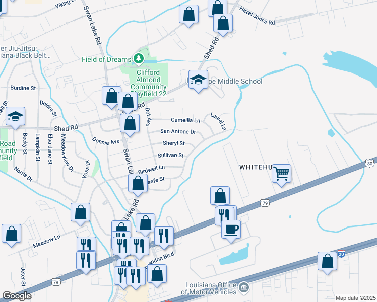 map of restaurants, bars, coffee shops, grocery stores, and more near 4821 Sullivan Street in Bossier City