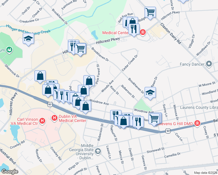 map of restaurants, bars, coffee shops, grocery stores, and more near 415 Woods Avenue in Dublin