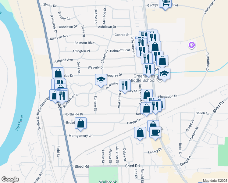 map of restaurants, bars, coffee shops, grocery stores, and more near 2507 Plantation Drive in Bossier City