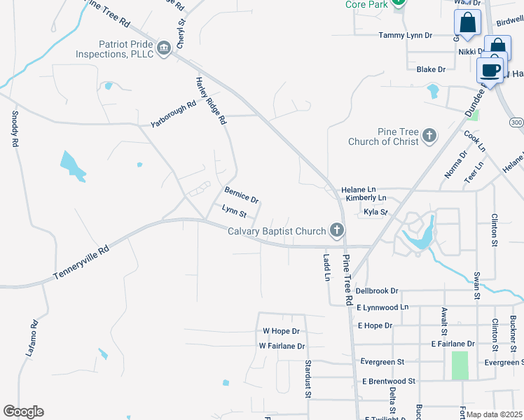 map of restaurants, bars, coffee shops, grocery stores, and more near 202 Bernice Drive in Longview