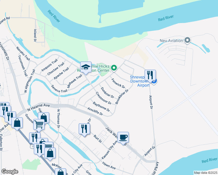 map of restaurants, bars, coffee shops, grocery stores, and more near 1137 Englemeade Drive in Shreveport