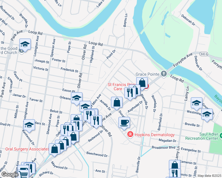 map of restaurants, bars, coffee shops, grocery stores, and more near 2322 Debastrop Dr in Monroe