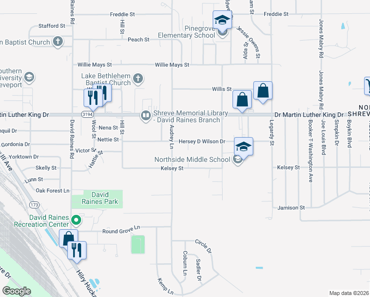 map of restaurants, bars, coffee shops, grocery stores, and more near 2034 Millen Street in Shreveport