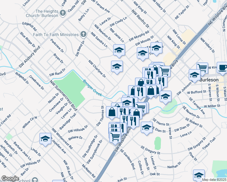 map of restaurants, bars, coffee shops, grocery stores, and more near 433 Southwest Thomas Street in Burleson
