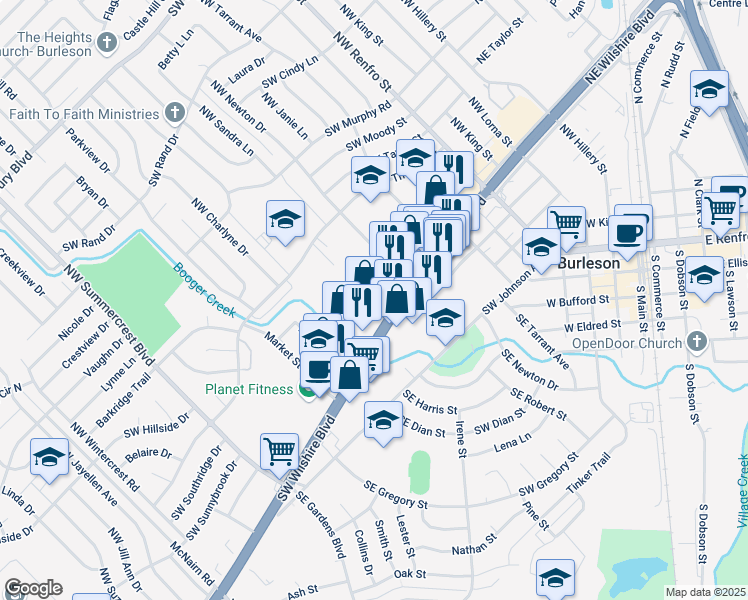 map of restaurants, bars, coffee shops, grocery stores, and more near 324 Southwest Wilshire Boulevard in Burleson
