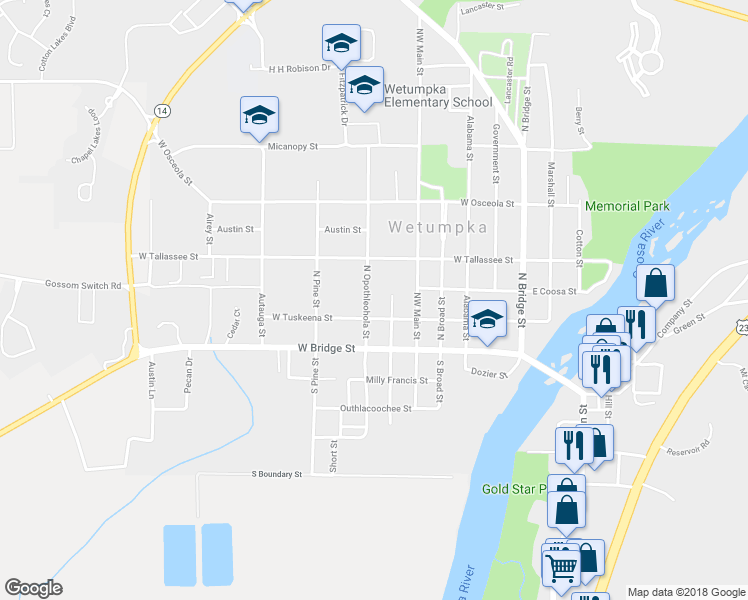 map of restaurants, bars, coffee shops, grocery stores, and more near 204 North Opotheola Street in Wetumpka