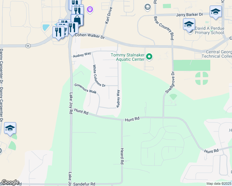 map of restaurants, bars, coffee shops, grocery stores, and more near 121 Audrey Way in Kathleen