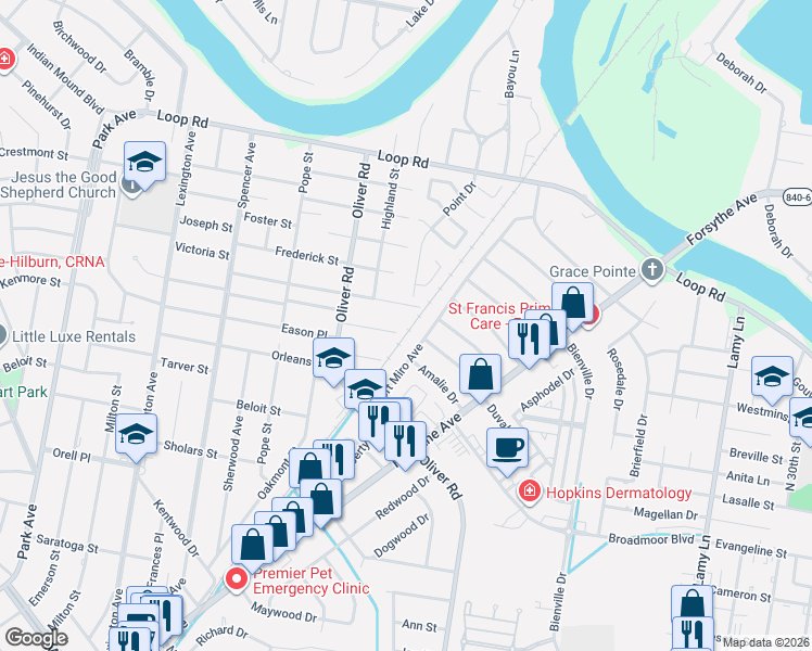 map of restaurants, bars, coffee shops, grocery stores, and more near 2601 Fort Miro Avenue in Monroe
