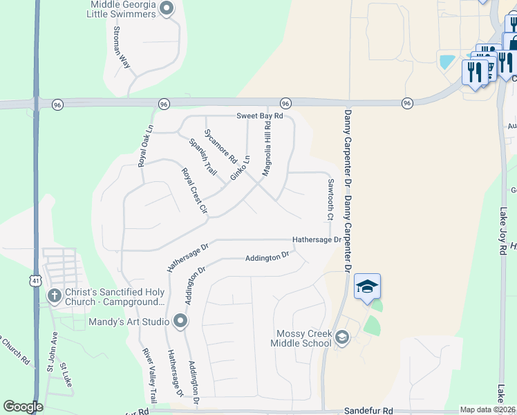 map of restaurants, bars, coffee shops, grocery stores, and more near 105 Magnolia Crest Drive in Kathleen