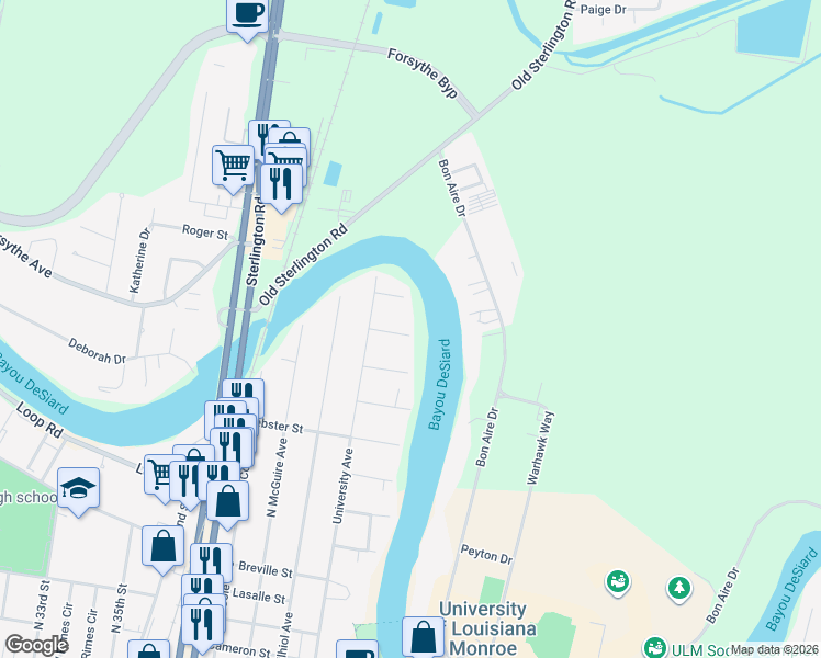 map of restaurants, bars, coffee shops, grocery stores, and more near 3719 Rapides Street in Monroe