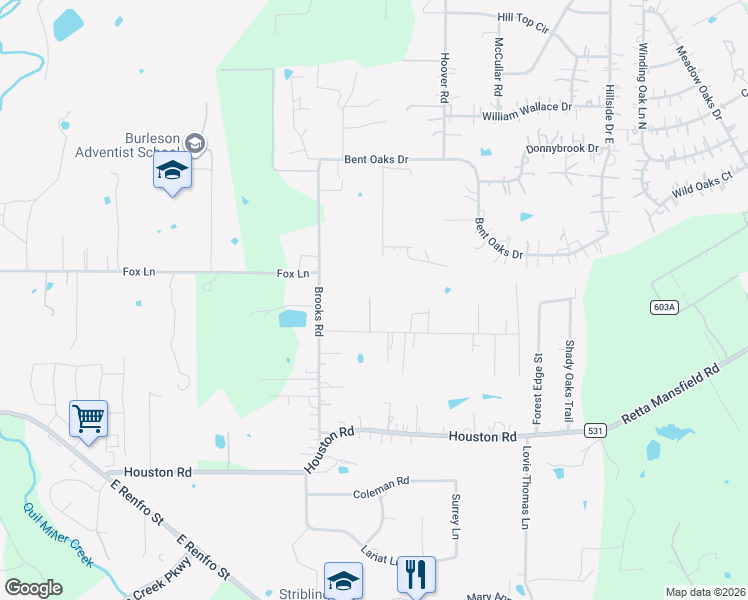 map of restaurants, bars, coffee shops, grocery stores, and more near 2525 Timber Road in Burleson
